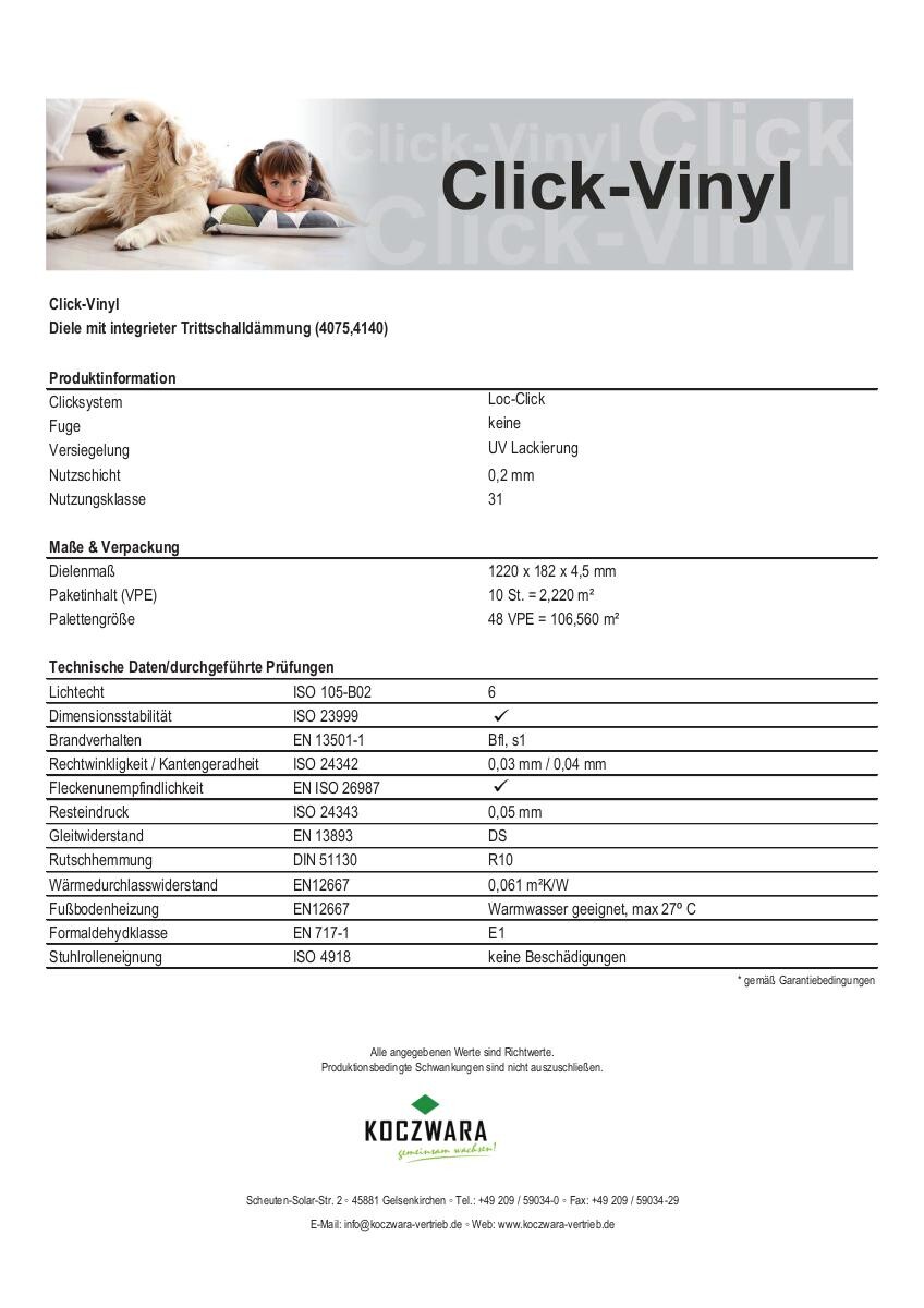 Click-Vinylboden Mailand ca. 2,22 m² im Paket B/L: ca. 18,2x122 cm pro Paket