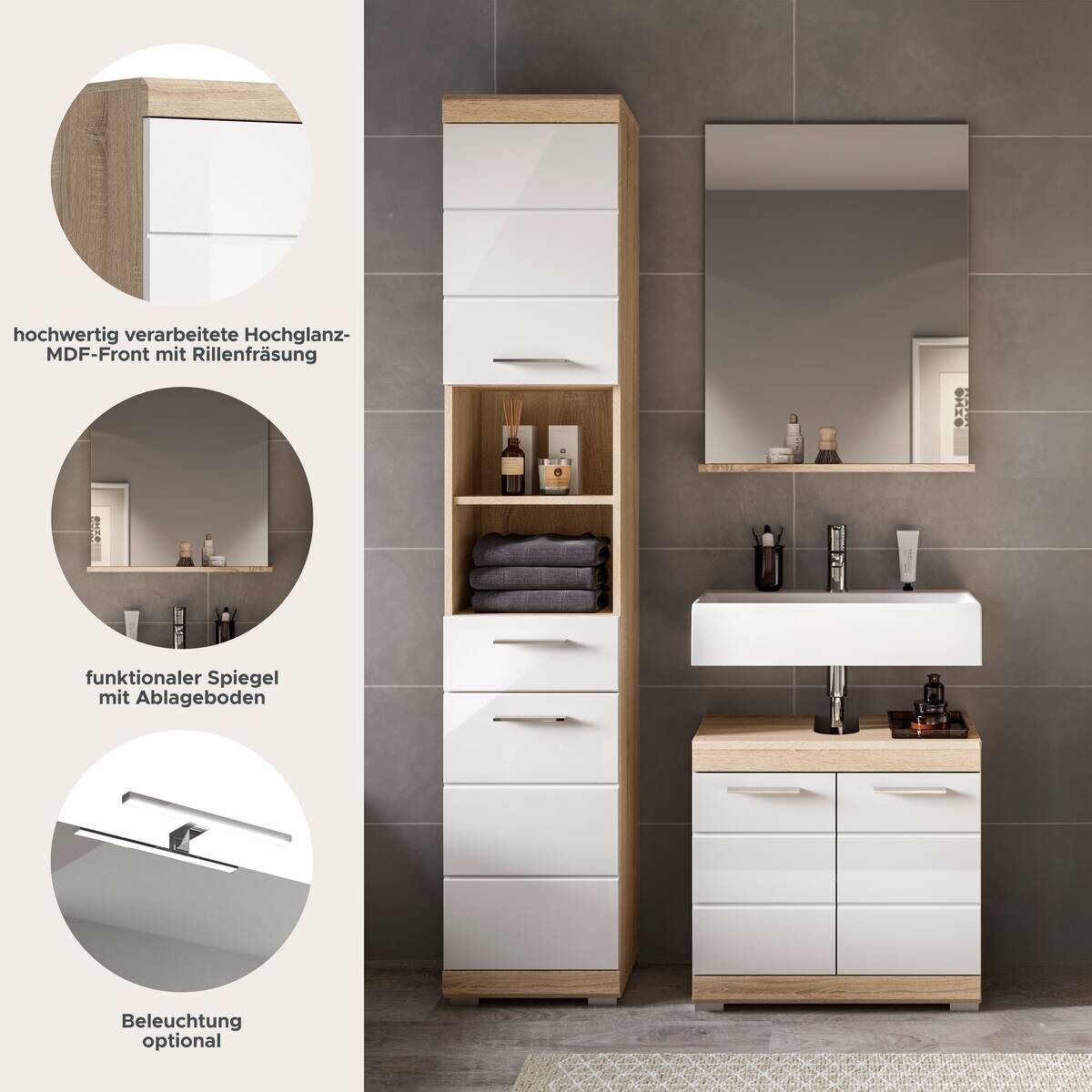 Badezimmer-Set Lambada Eiche Sonoma Nachbildung weiß Hochglanz B/H/T: ca. 112x191x34 cm