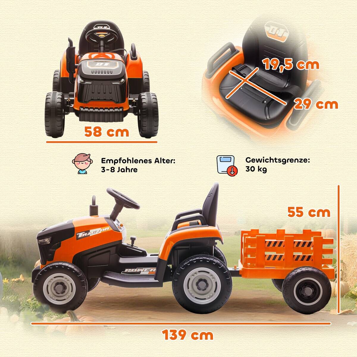 AIYAPLAY Elektrischer Traktor orange B/H/L: ca. 58x55x139 cm
