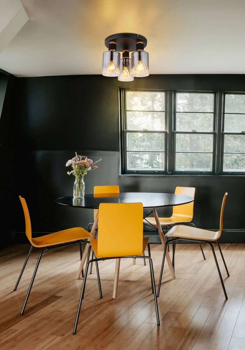 GLOBO Deckenleuchte mattschwarz braun Rauch Holz Metall Glas H/D: ca. 25,4x32 cm E27 3 Brennstellen