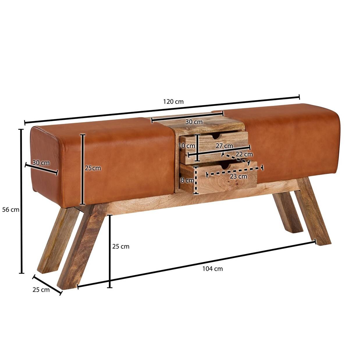Wohnling Sitzbank braun natur Leder Echtholz B/H/T: ca. 120x56x30 cm