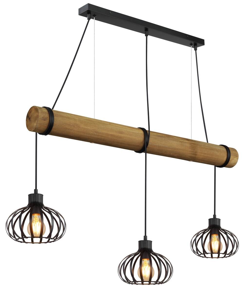 GLOBO Pendelleuchte schwarz Metall Holz B/H/L: ca. 20x150x100 cm E27 3 Brennstellen