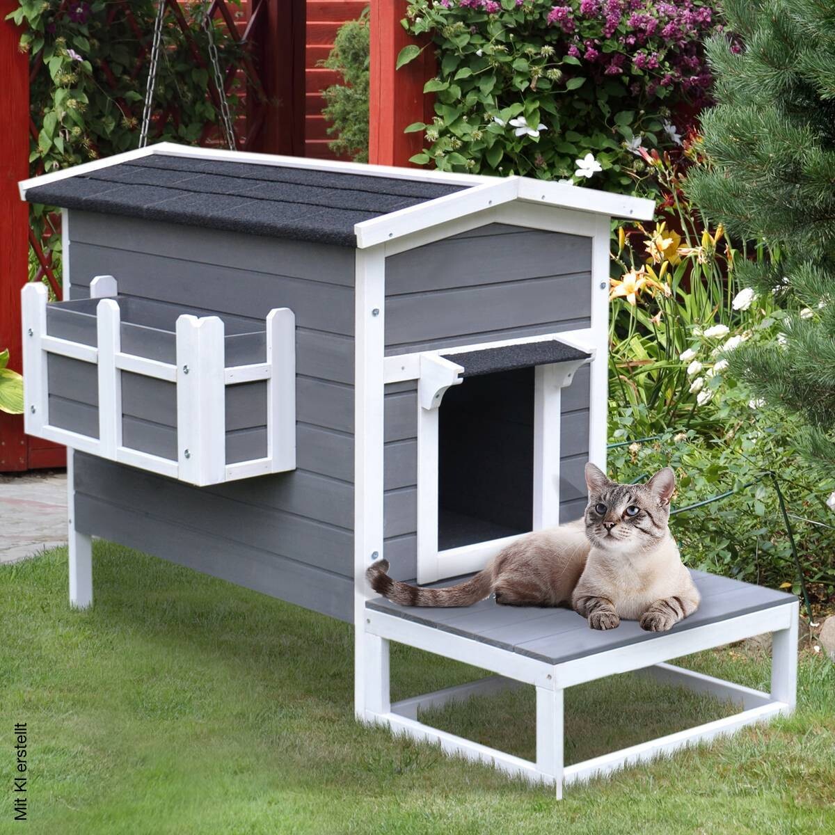 PawHut Katzenhaus grau Holz B/H/L: ca. 67x75x115 cm