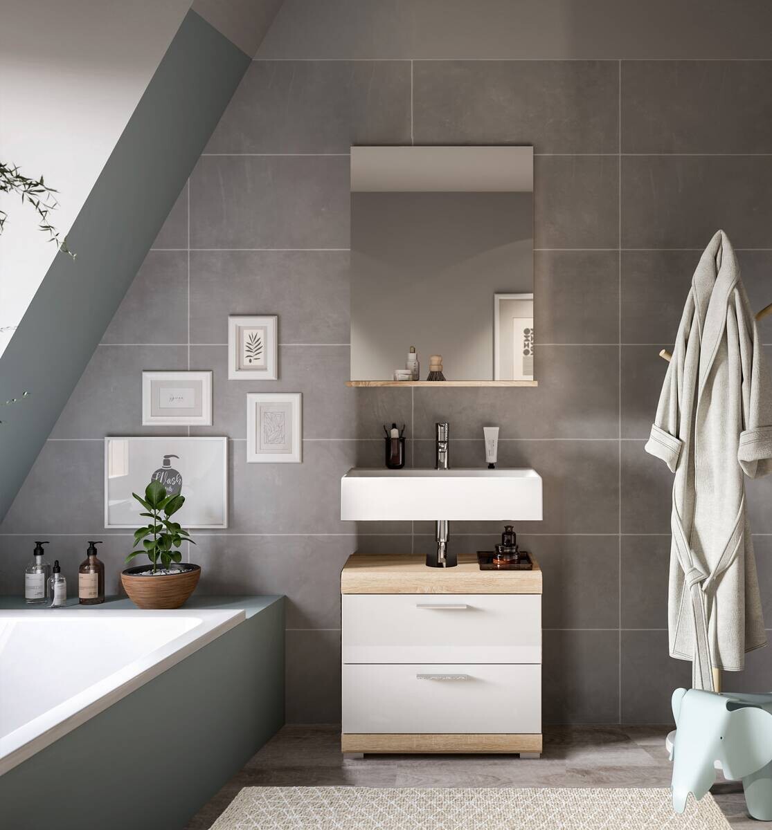 Badezimmer-Set Lambada Eiche Sonoma Nachbildung weiß Hochglanz B/H/T: ca. 60x191x37 cm