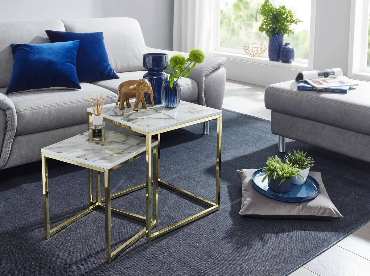 Wohnling Couchtisch 2er-Set. weiß Marmor gold MDF Stahl