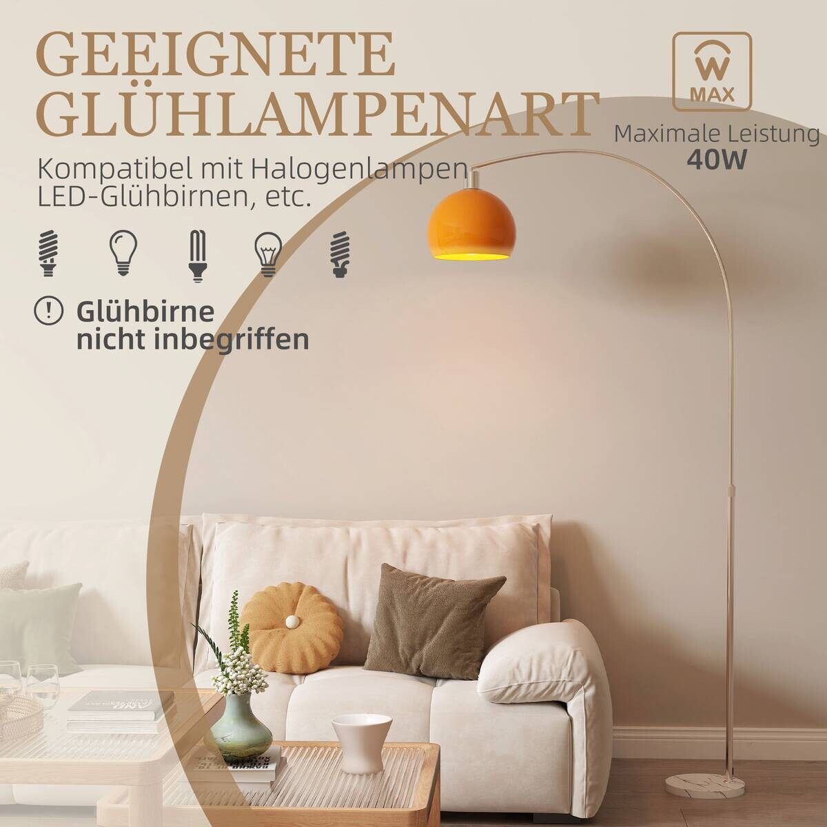 HOMCOM Stehleuchte orange Metall B/H/L: ca. 26x180x90 cm E27 1 Brennstellen