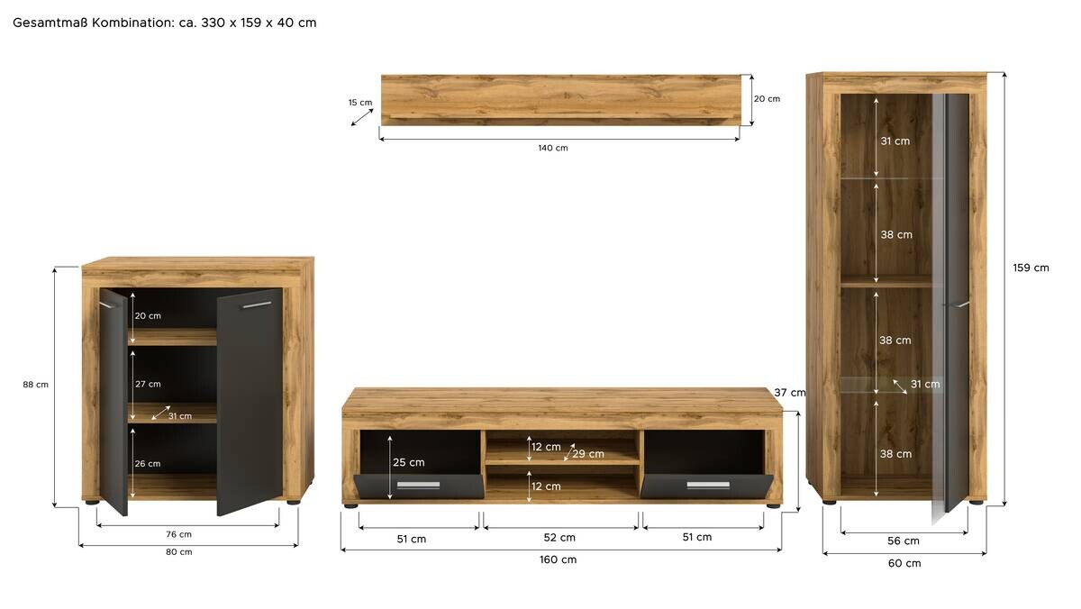 Wohnwand Jam Eiche Wotan Nachbildung grau B/H/T: ca. 330x159x35 cm