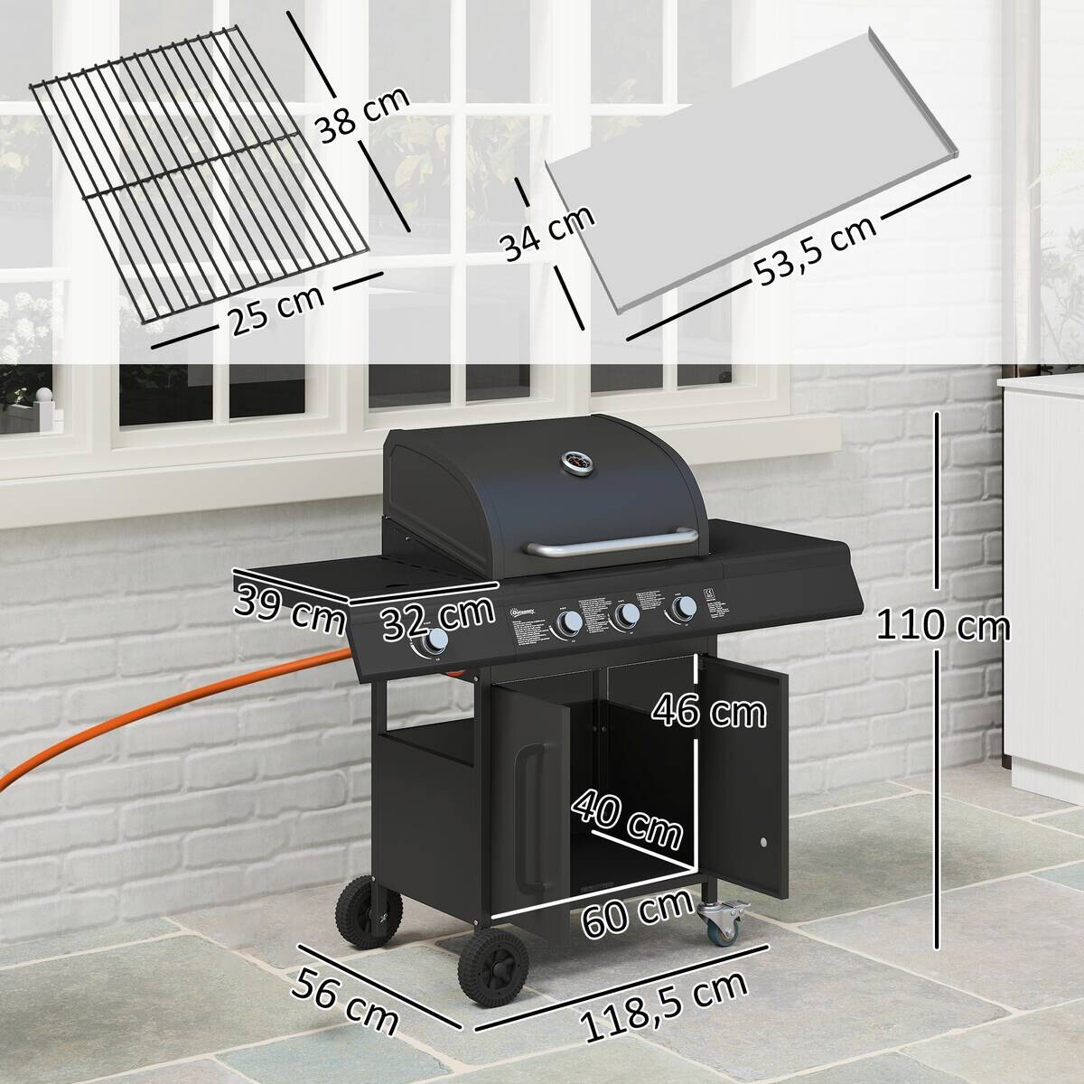 Outsunny Gasgrill Edelstahl B/H/L: ca. 56x110x118,5 cm