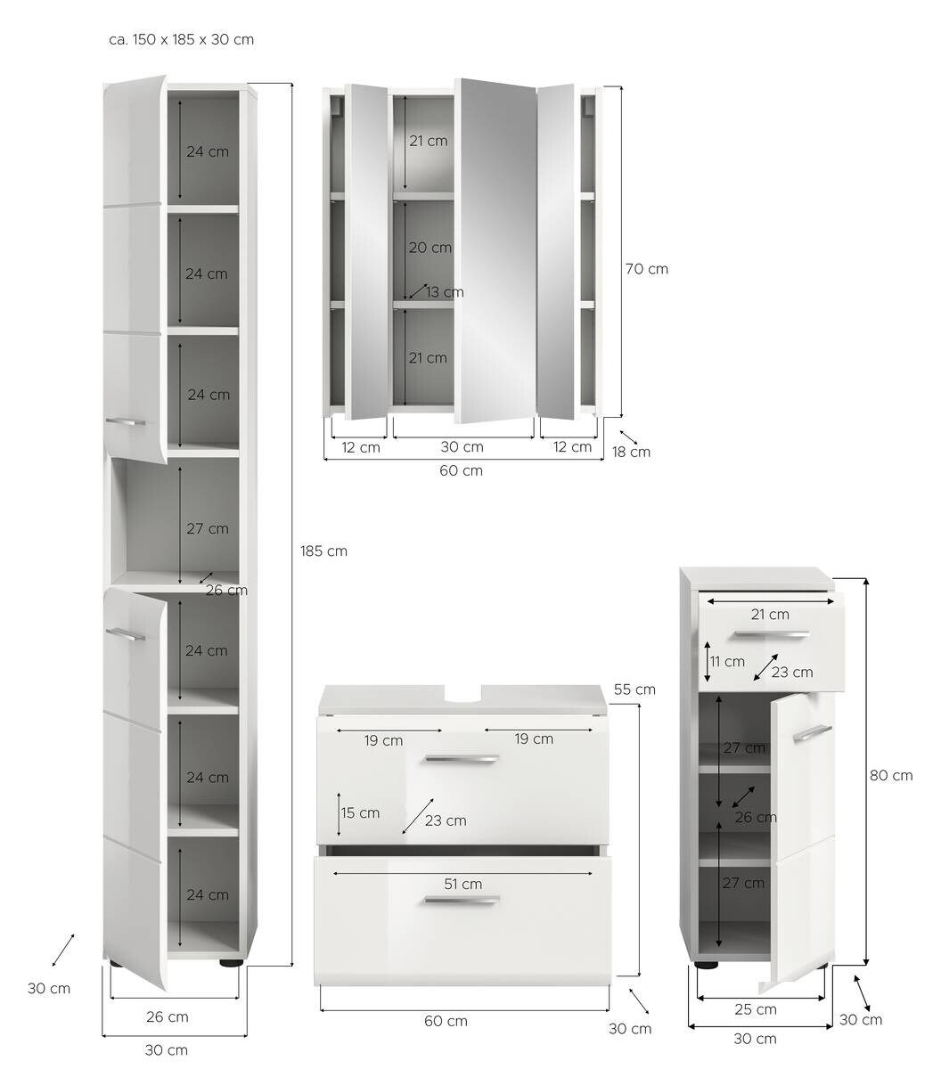 Badezimmer-Set Ice weiß weiß Hochglanz B/H/T: ca. 150x185x30 cm