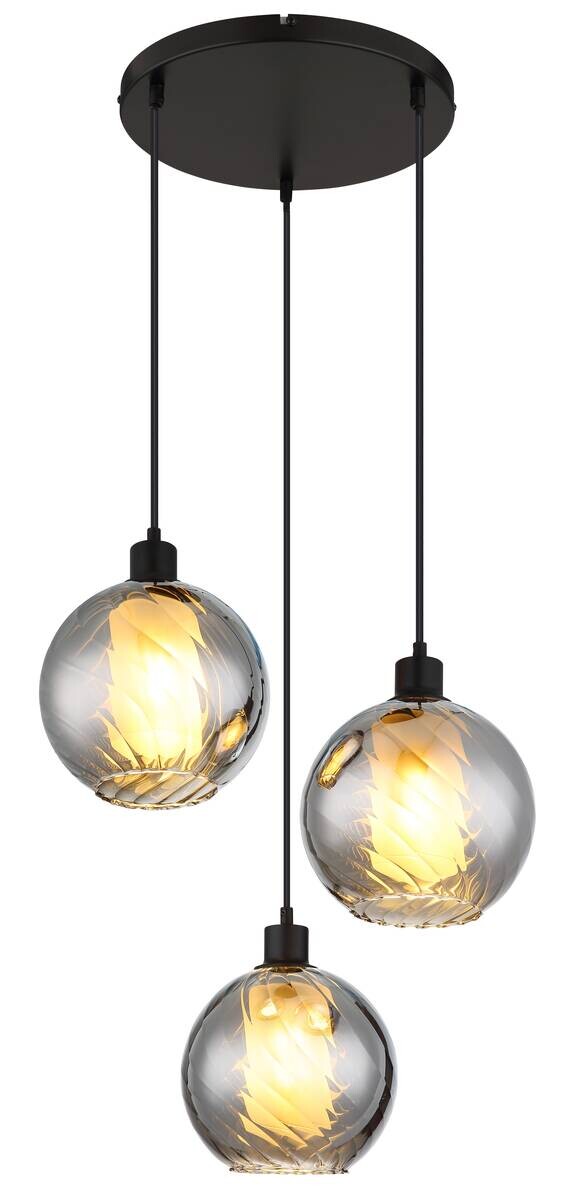 GLOBO Pendelleuchte Rauch schwarz Glas Metall H/D: ca. 120x46 cm E27 3 Brennstellen