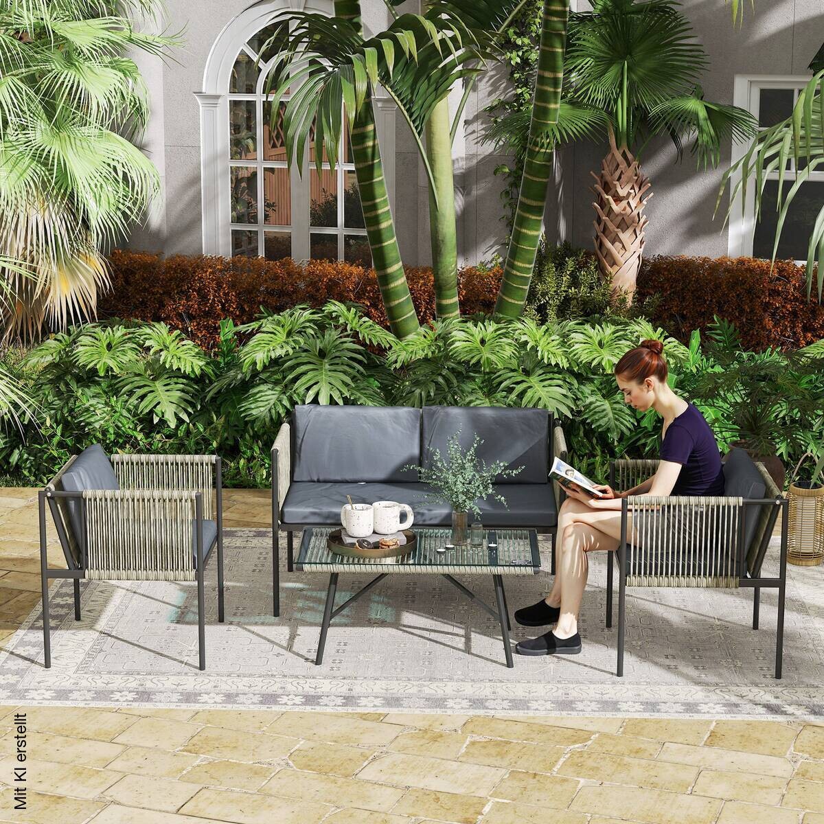 Outsunny Rattan Gartenmöbel-Set grau Stahl B/H/L: ca. 65x68x116 cm