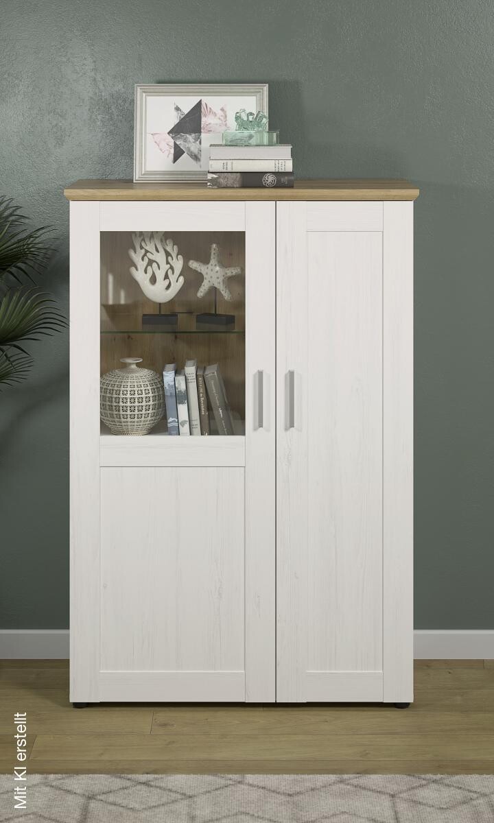 Standvitrine Shade weiß Pinie Nachbildung Eiche Artisan Nachbildung B/H/T: ca. 95x140x38 cm
