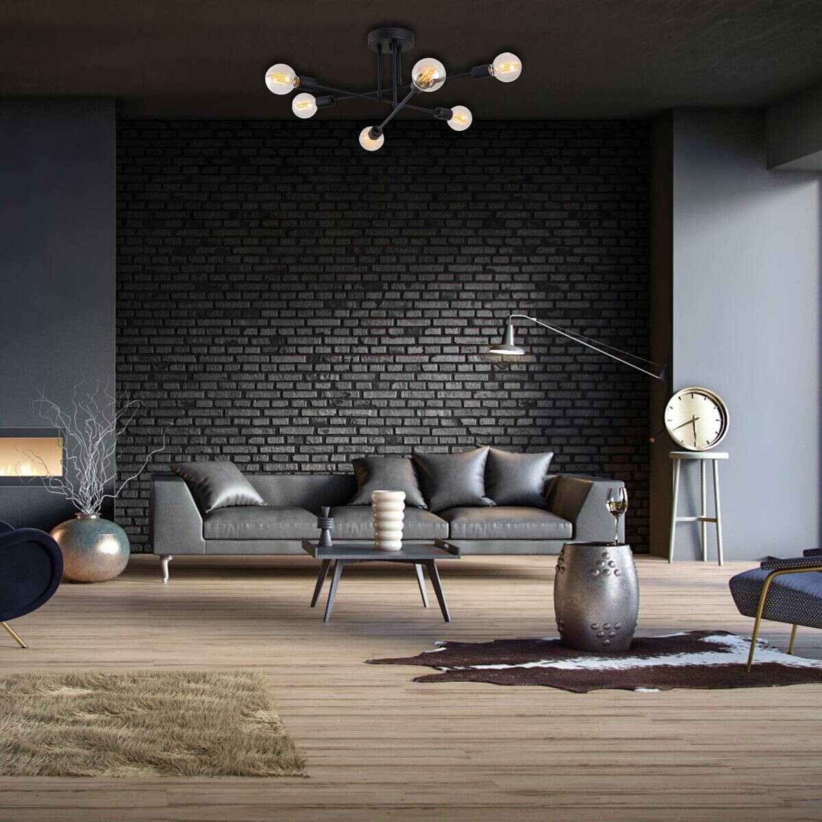 Opviq Deckenleuchte Flower schwarz Eisen B/H/T/L/D: ca. 64x30x64x64x64 cm E27 6 Brennstellen