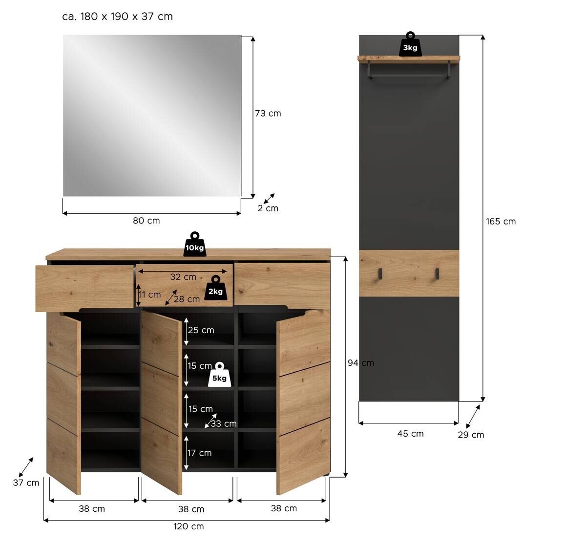 Garderobe Canu basaltgrau Nachbildung Artisan Nachbildung B/H/T: ca. 180x190x37 cm
