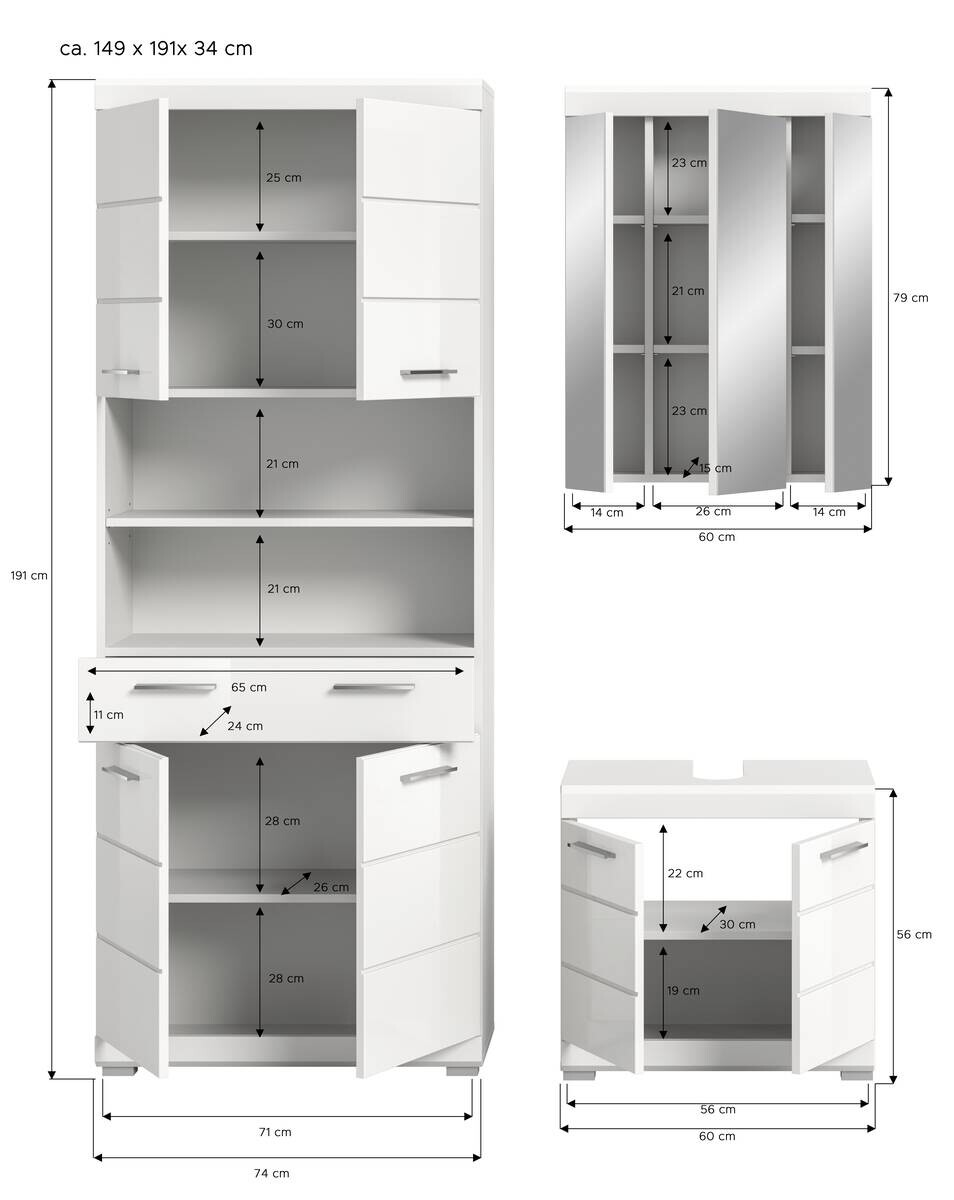 Badezimmer-Set Scout weiß weiß Hochglanz B/H/T: ca. 149x34x191 cm