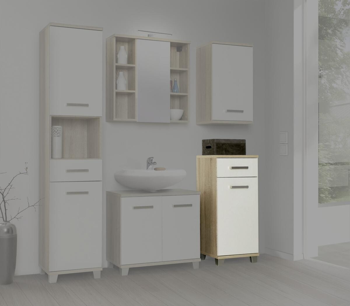 Badkommode Eiche Sonoma Nachbildung weiß B/H/T: ca. 40,2x90,8x34,8 cm