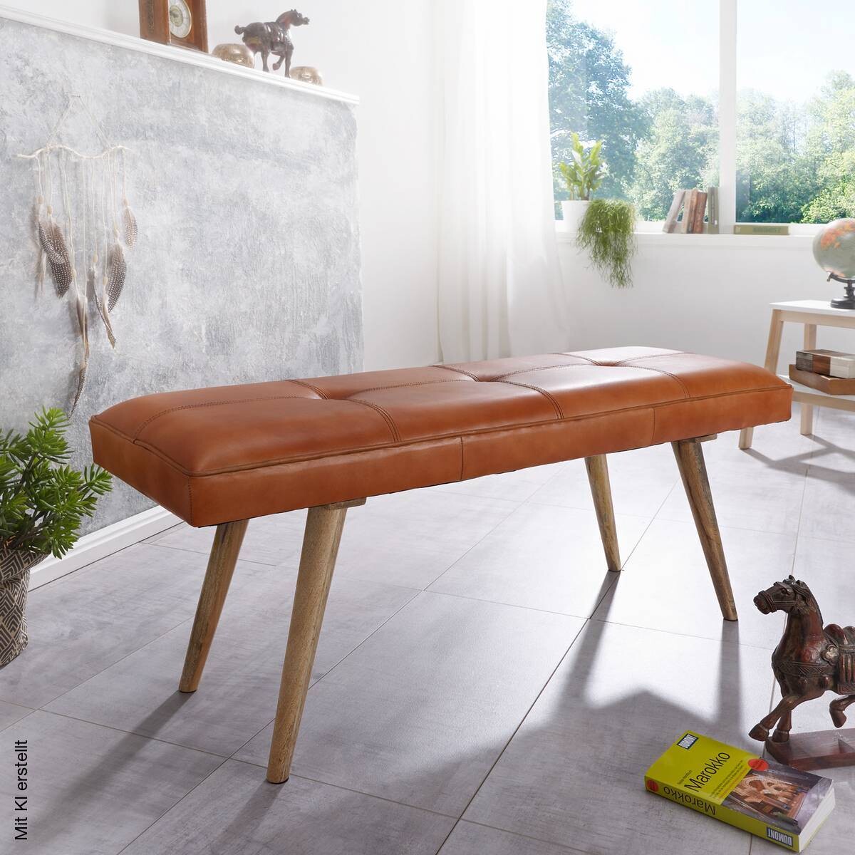 Wohnling Sitzbank braun natur Leder Echtholz B/H/T: ca. 117x51x38 cm