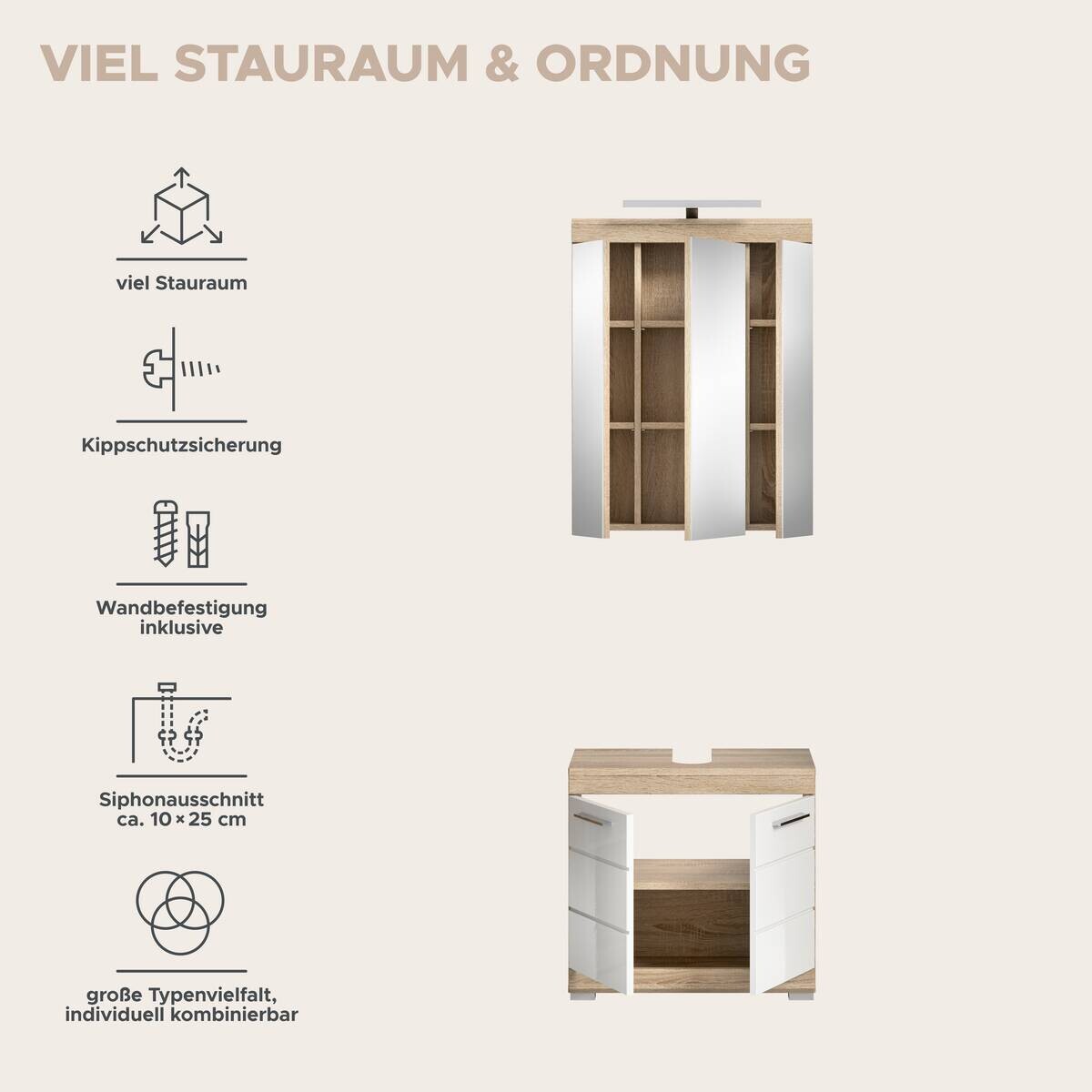 Badezimmer-Set Lambada Eiche Sonoma Nachbildung weiß Hochglanz B/H/T: ca. 60x191x34 cm