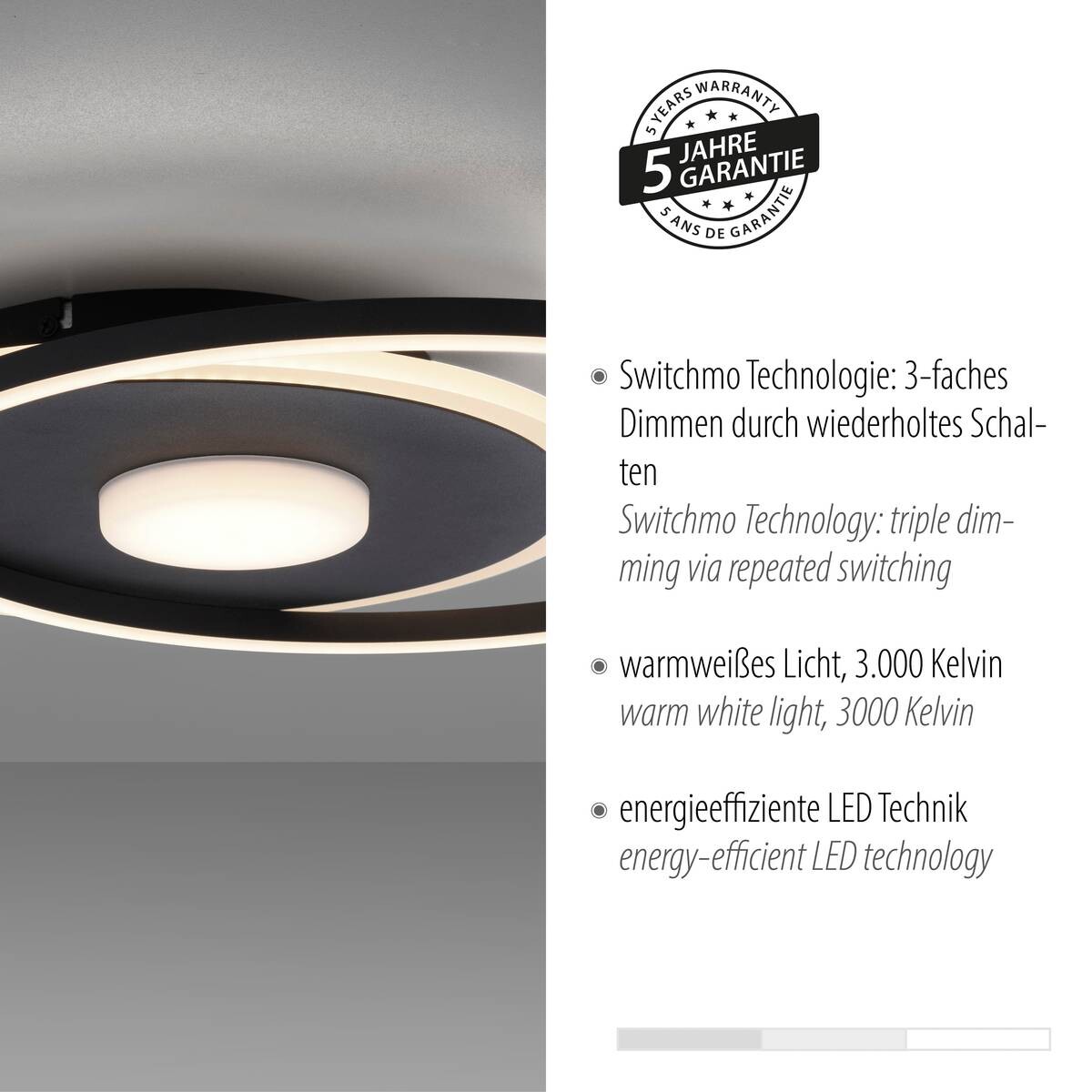 Just Light LED-Deckenleuchte DOMINO 15046-18 schwarz weiß Metall Kunststoff B/H/T: ca. 39,5x6,8x45 cm 1 Brennstellen