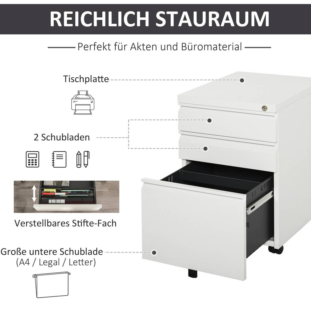 Rollcontainer 924-024WT weiß B/H/T: ca. 39x60x48 cm