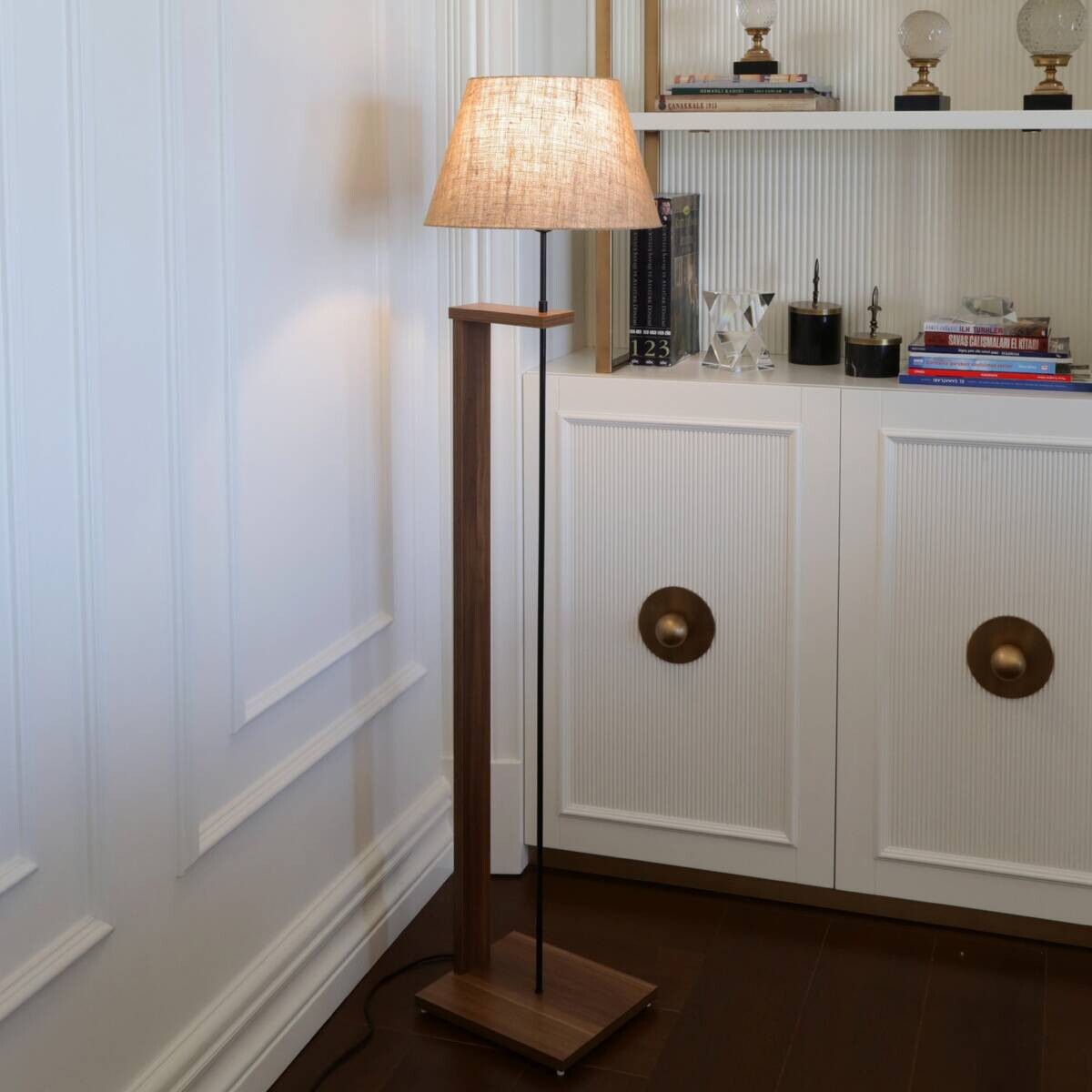 Opviq Stehlampe beige Stoff Holz B/H/T/L: ca. 21x150x35x21 cm E27 1 Brennstellen