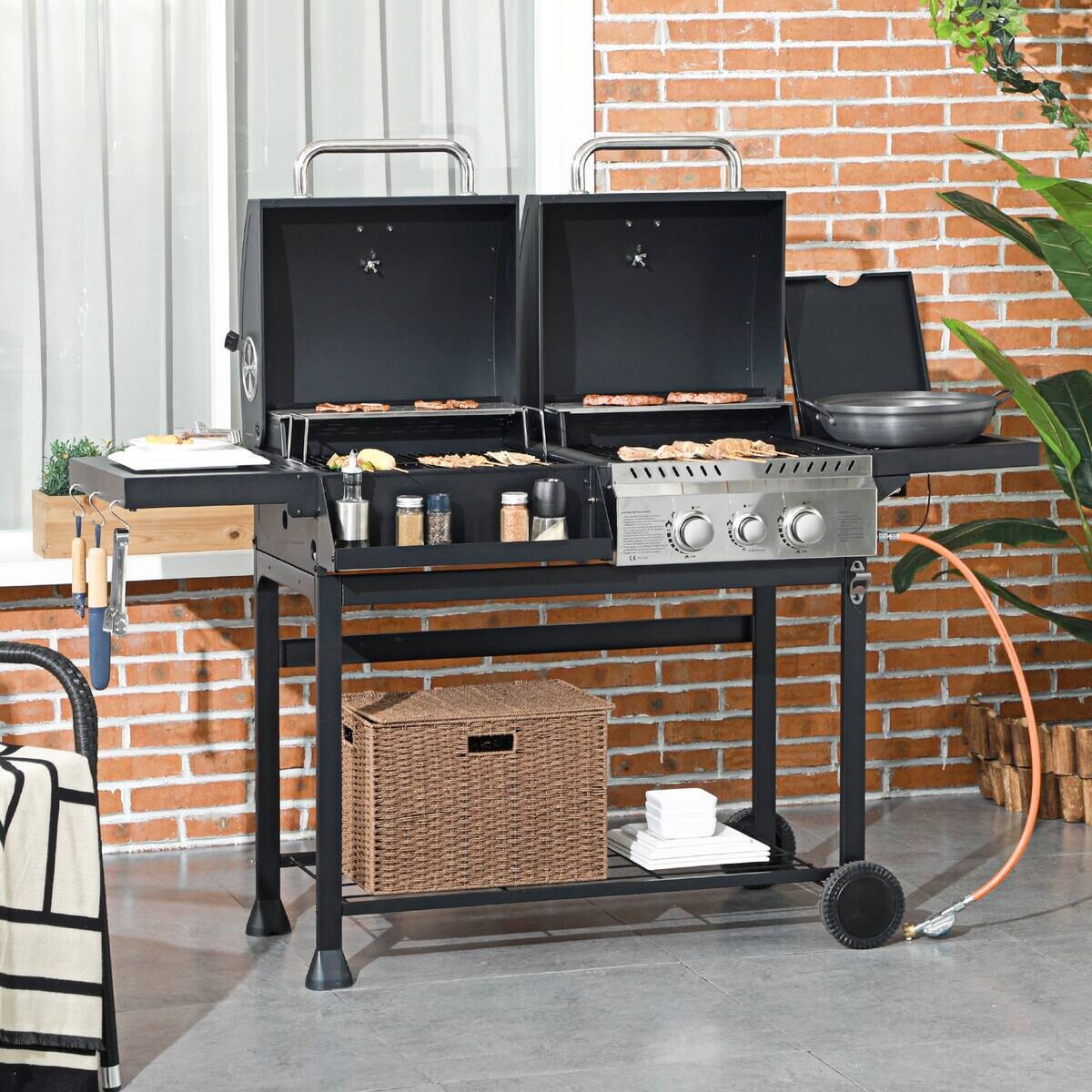 Outsunny Gas-/Kohlegrill Edelstahl B/H/L: ca. 53x101x161 cm