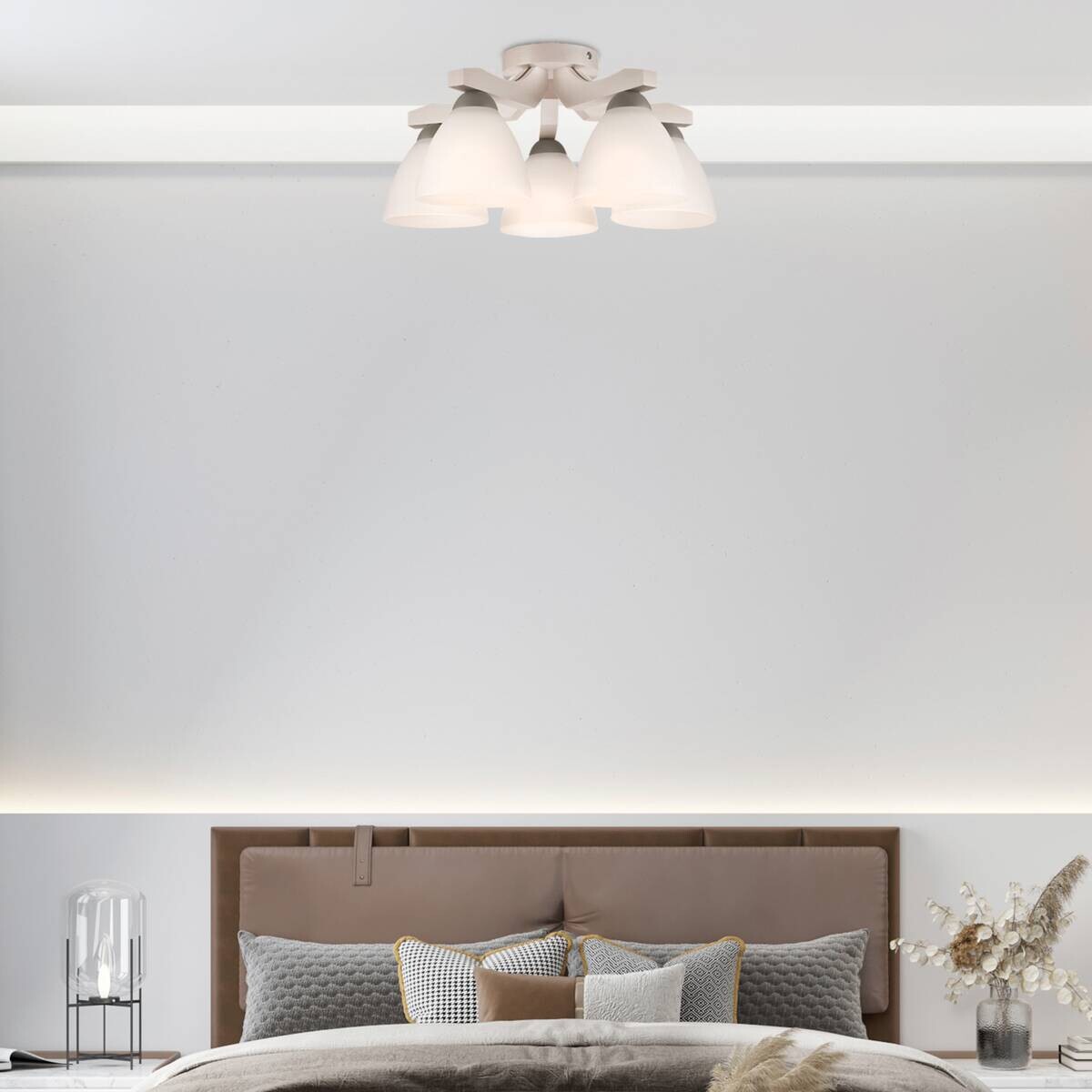 Lamkur Deckenleuchte buche weiß Stahl Glas Holz B/H/L: ca. 37x23x37 cm 5 Brennstellen