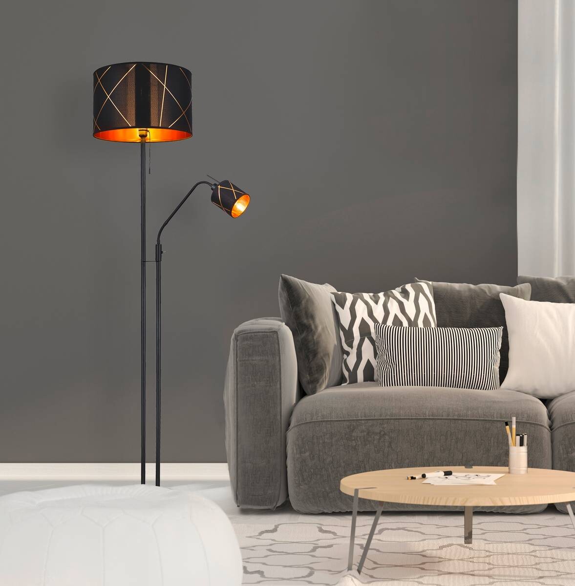 GLOBO Stehleuchte Bemmo schwarz gold Metall Acryl Textil H/D: ca. 175x40 cm
