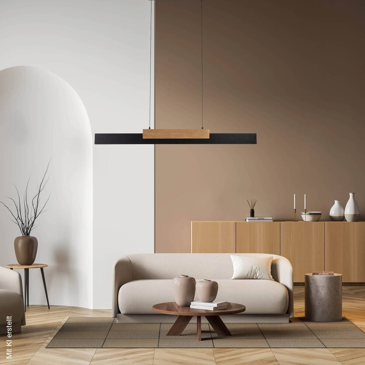 Näve Leuchten LED-Pendelleuchte braun Holz Metall B/H/T: ca. 120,5x150x6 cm