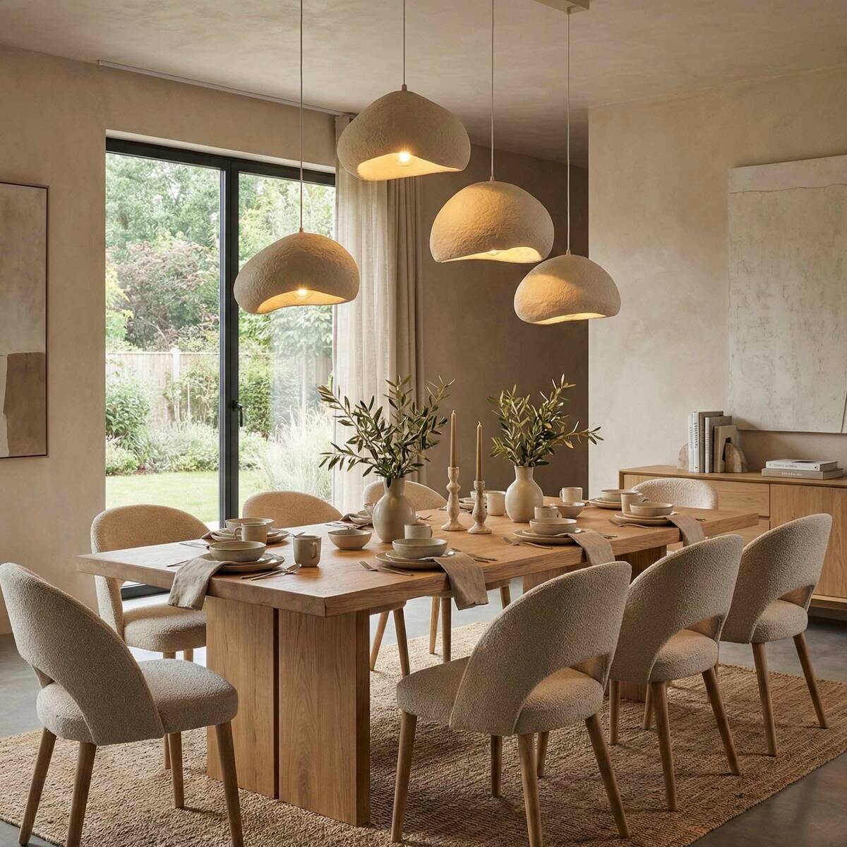 Opviq Pendelleuchte beige Fiberglas Metall B/H/T/L: ca. 174x110x46x174 cm E27 4 Brennstellen