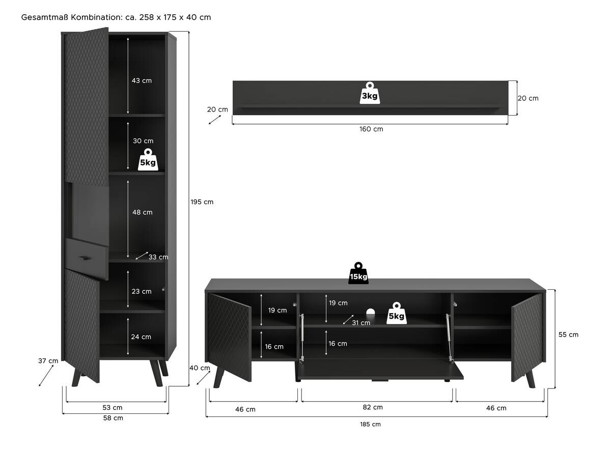 Wohnwand LINEA grau schwarz B/H/T: ca. 258x195x40 cm