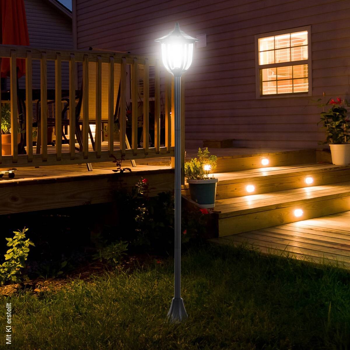 Gartenlaterne mit LED schwarz Kunststoff Edelstahl H/D: ca. 177x27 cm