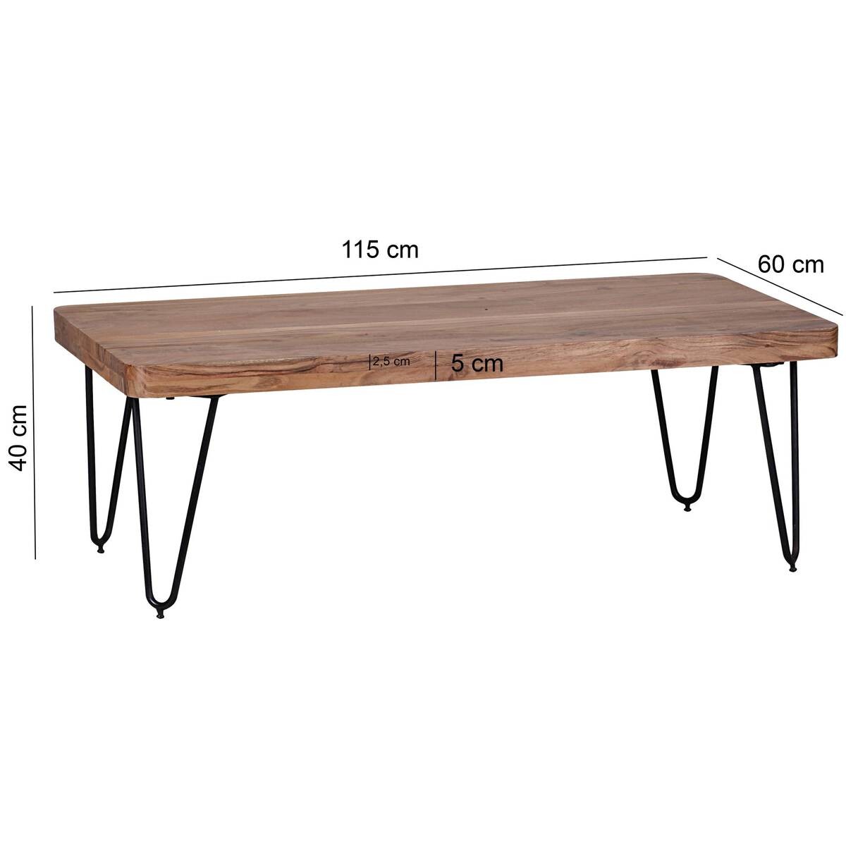 Wohnling Couchtisch natur schwarz Akazie Metall B/H/T: ca. 115x40x60 cm