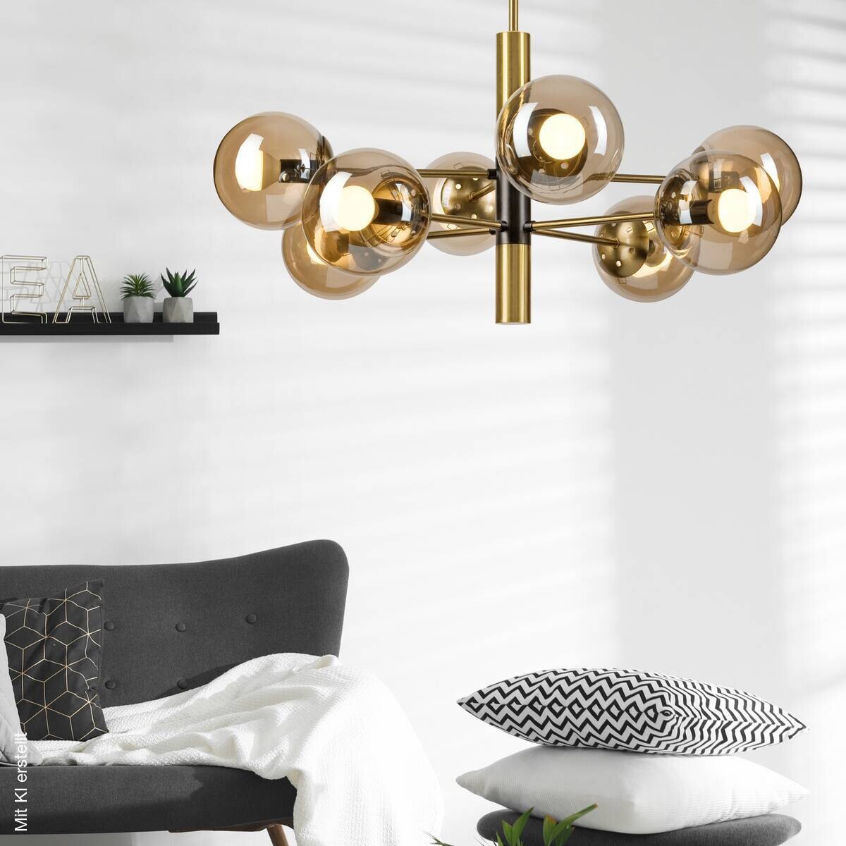 Lamkur Pendelleuchte gold schwarz Metall Glas H/D: ca. 76x68 cm E14 8 Brennstellen