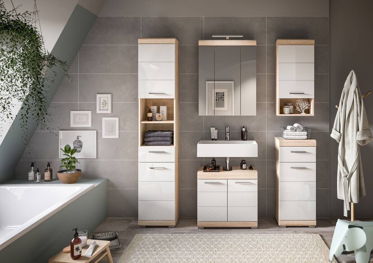 Badezimmer-Set Lambada Eiche Sonoma Nachbildung weiß Hochglanz B/H/T: ca. 164x191x34 cm