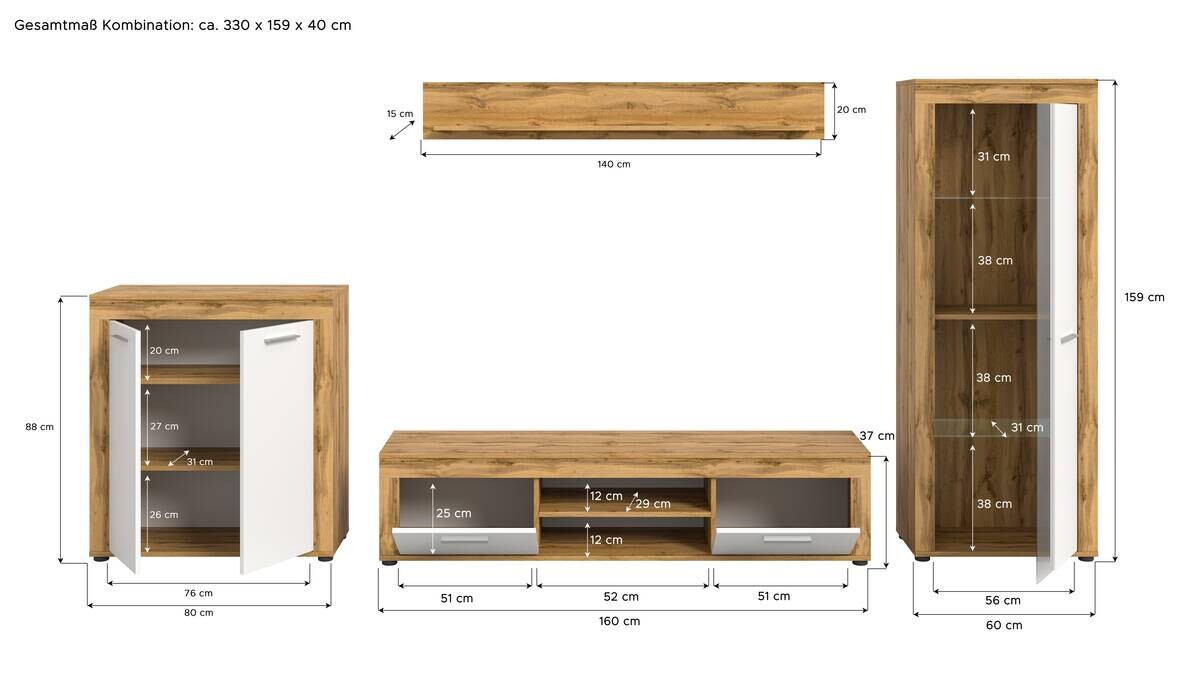 Wohnwand Jam Eiche Wotan Nachbildung weiß B/H/T: ca. 330x159x35 cm
