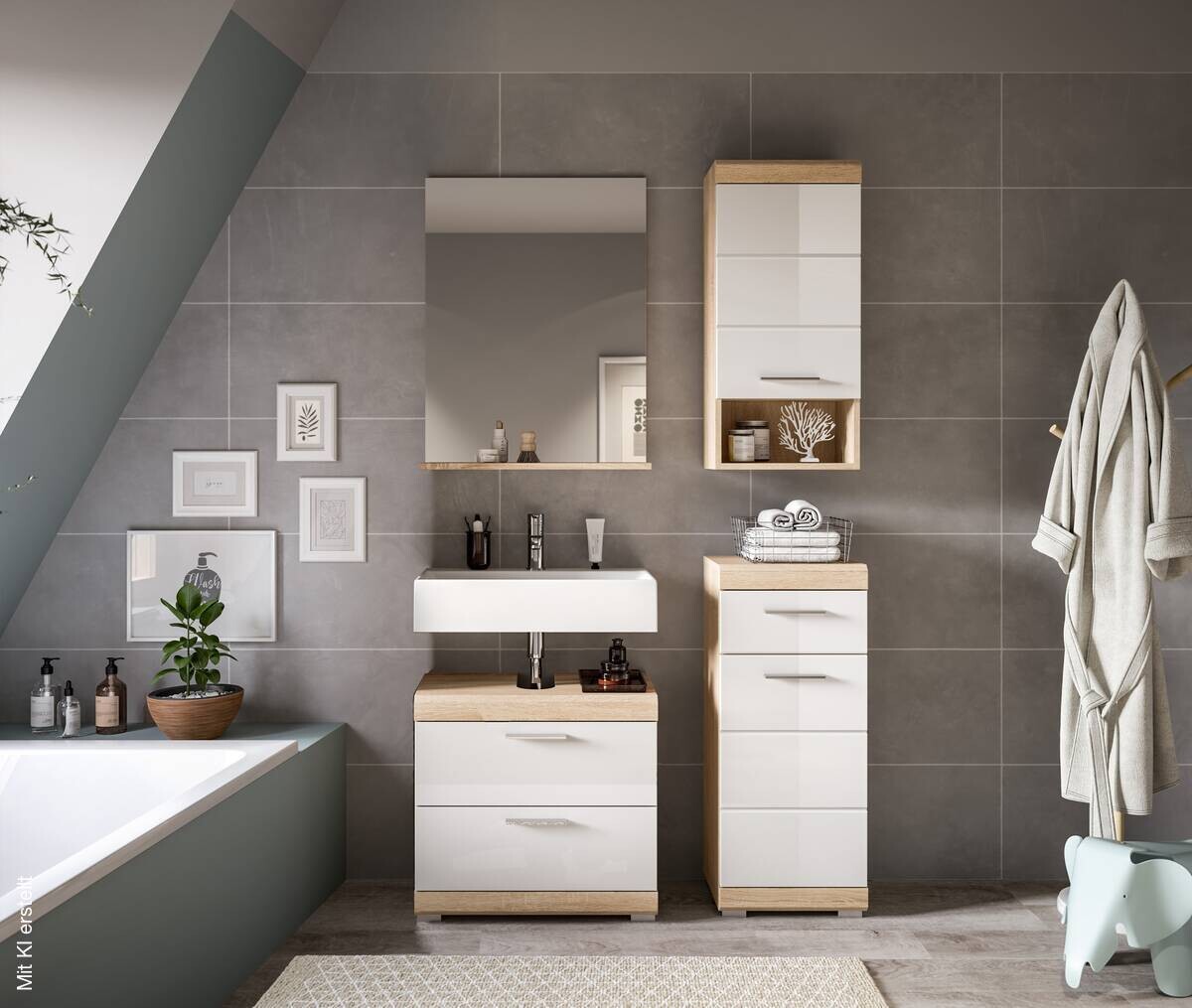 Badezimmer-Set Lambada Eiche Sonoma Nachbildung weiß Hochglanz B/H/T: ca. 112x191x37 cm