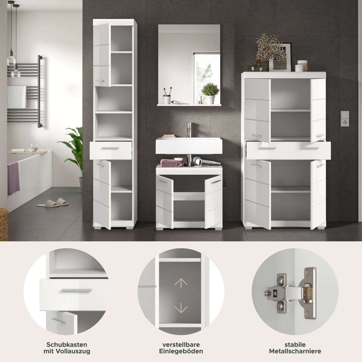 Badezimmer-Set Scout weiß weiß Hochglanz B/H/T: ca. 186x191x34 cm