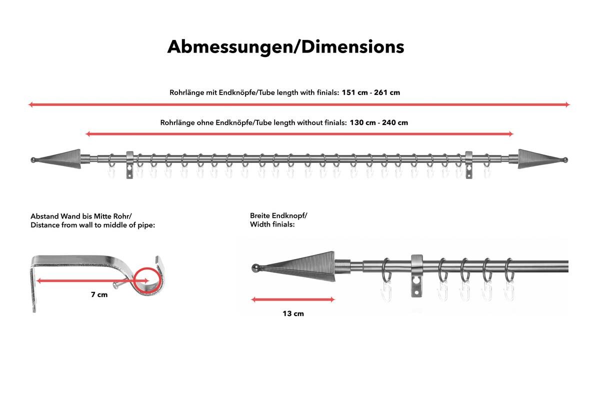 LICHTBLICK Gardinenstange Pyramide Edelstahloptik Metall D: ca. 1,6 cm ausziehbar von ca. 130 bis 240 cm 1.0 Läufe