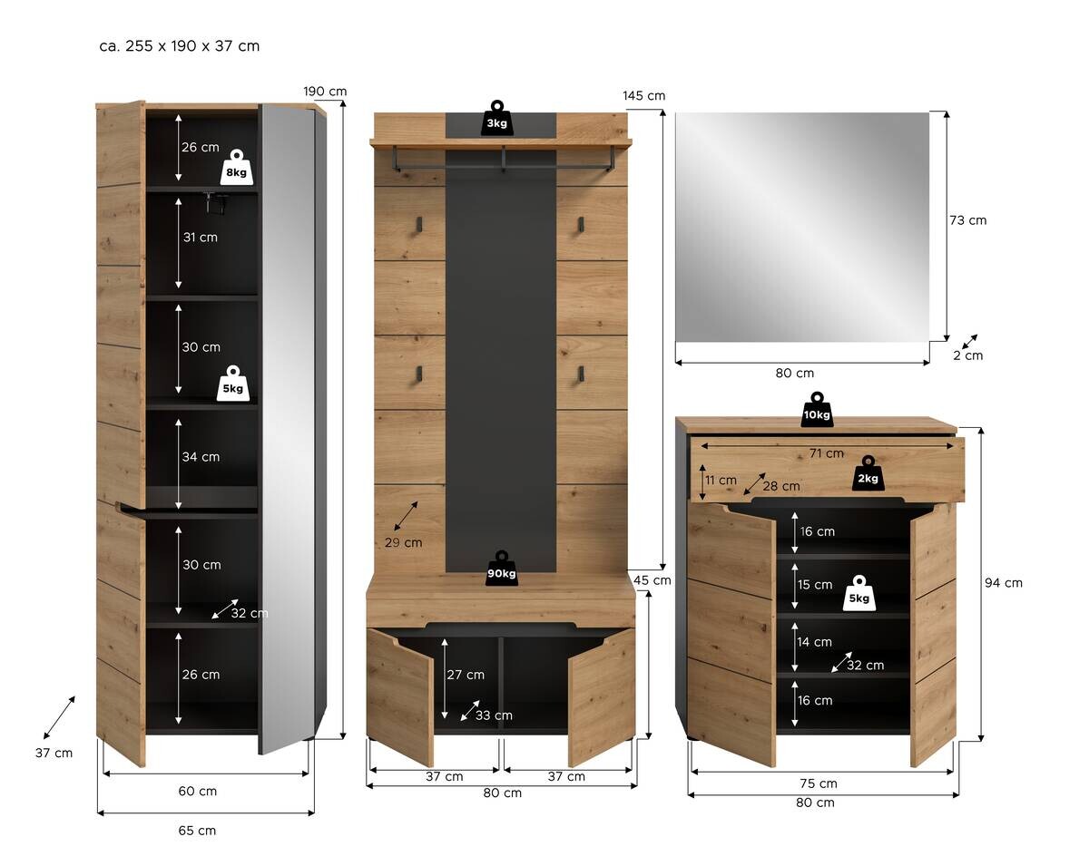 Garderobe Canu basaltgrau Nachbildung Artisan Nachbildung B/H/T: ca. 255x190x37 cm