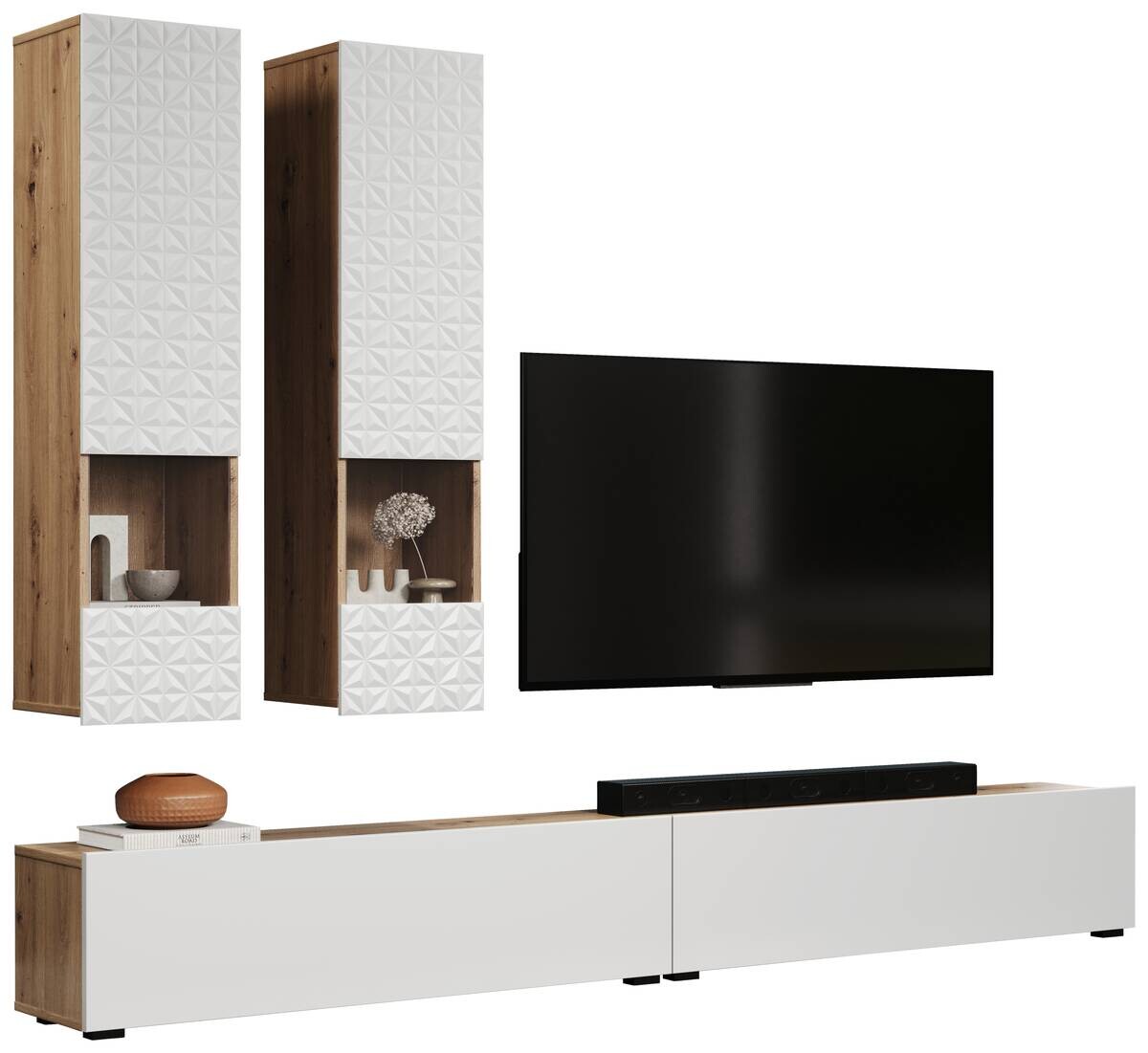Wohnwand Rezzo weiß Oak Artisan Nachbildung B/H/T: ca. 241x200x30 cm