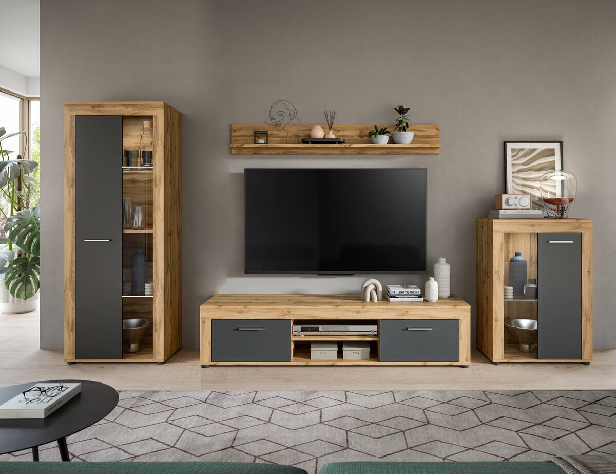 Wohnwand Jam Eiche Wotan Nachbildung grau B/H/T: ca. 310x169x35 cm