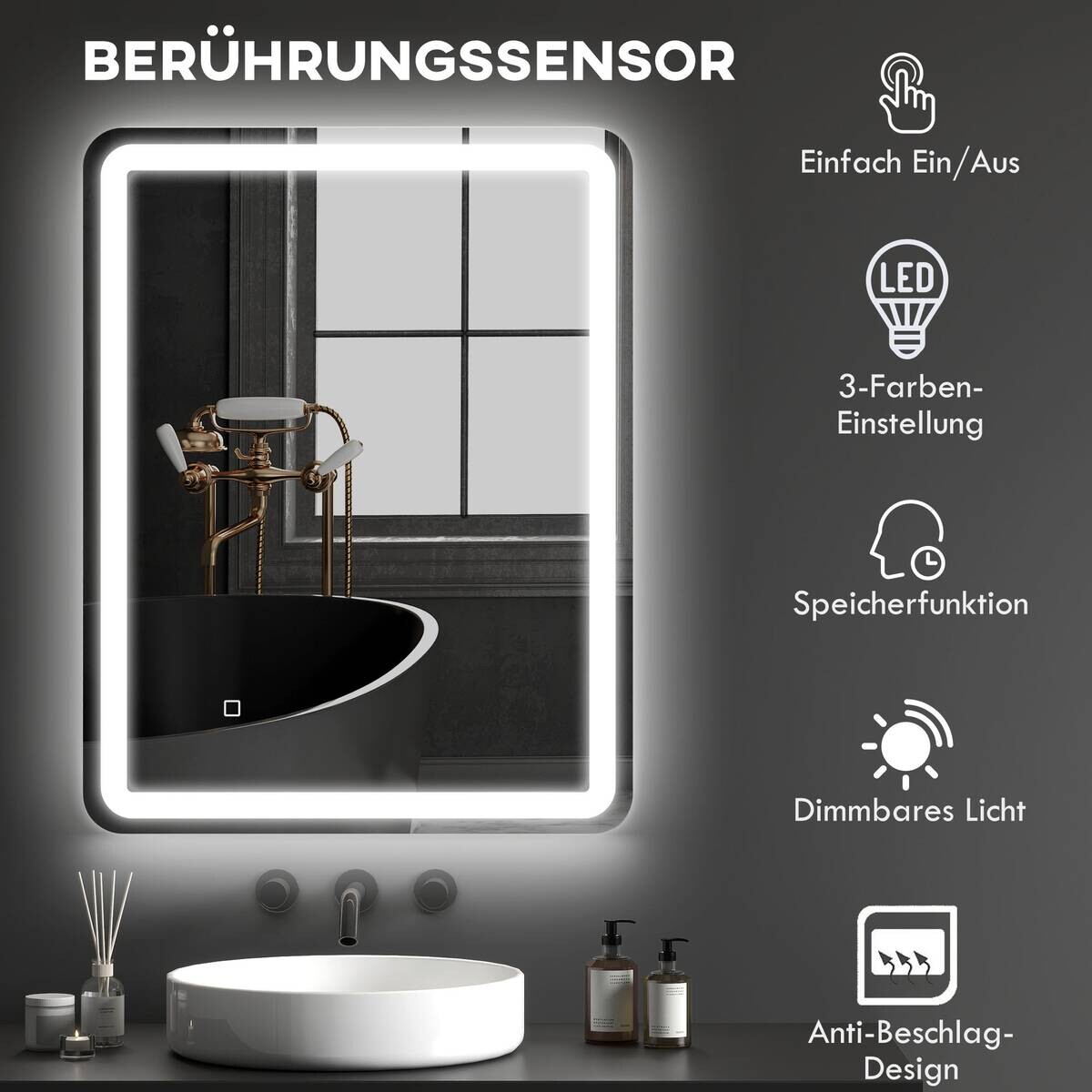 HOMCOM LED-Bad-Spiegel silber B/H/L: ca. 70x4x90 cm