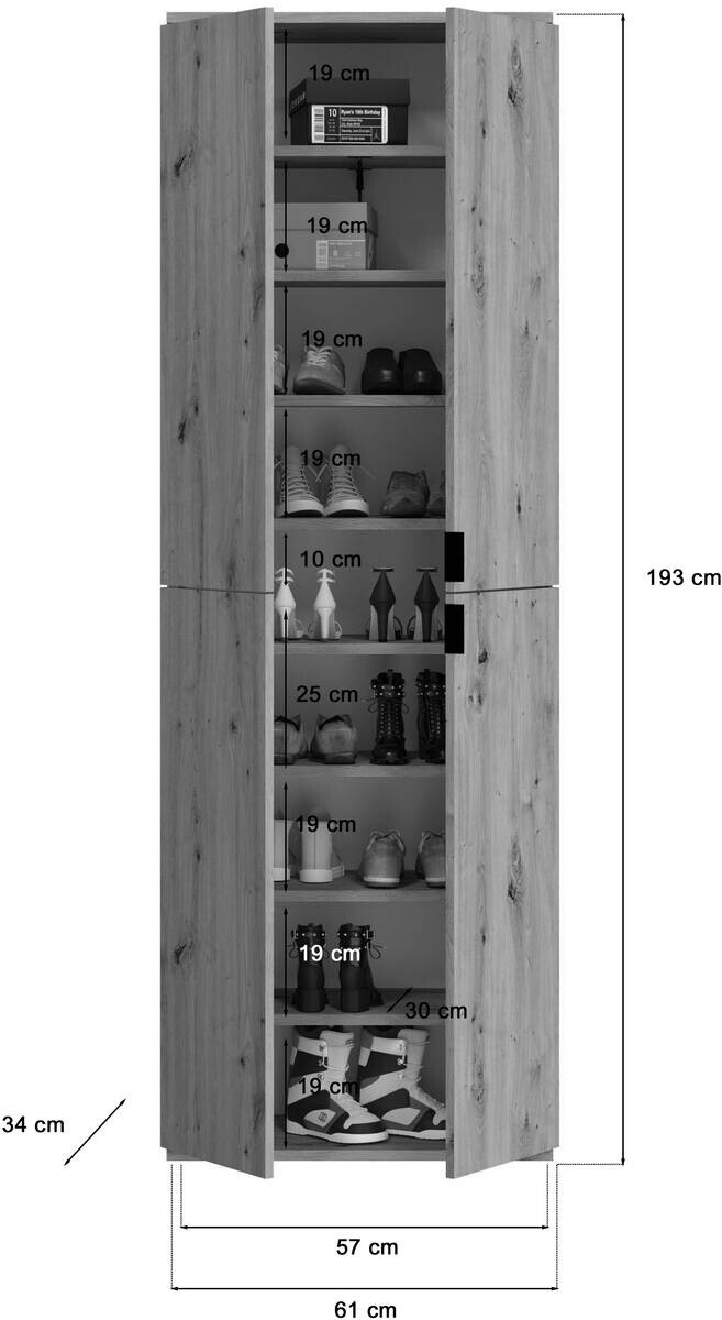 Garderobe PROJEKT Eiche Artisan Nachbildung weiß Hochglanz Spiegel B/H/T: ca. 243x193x34 cm