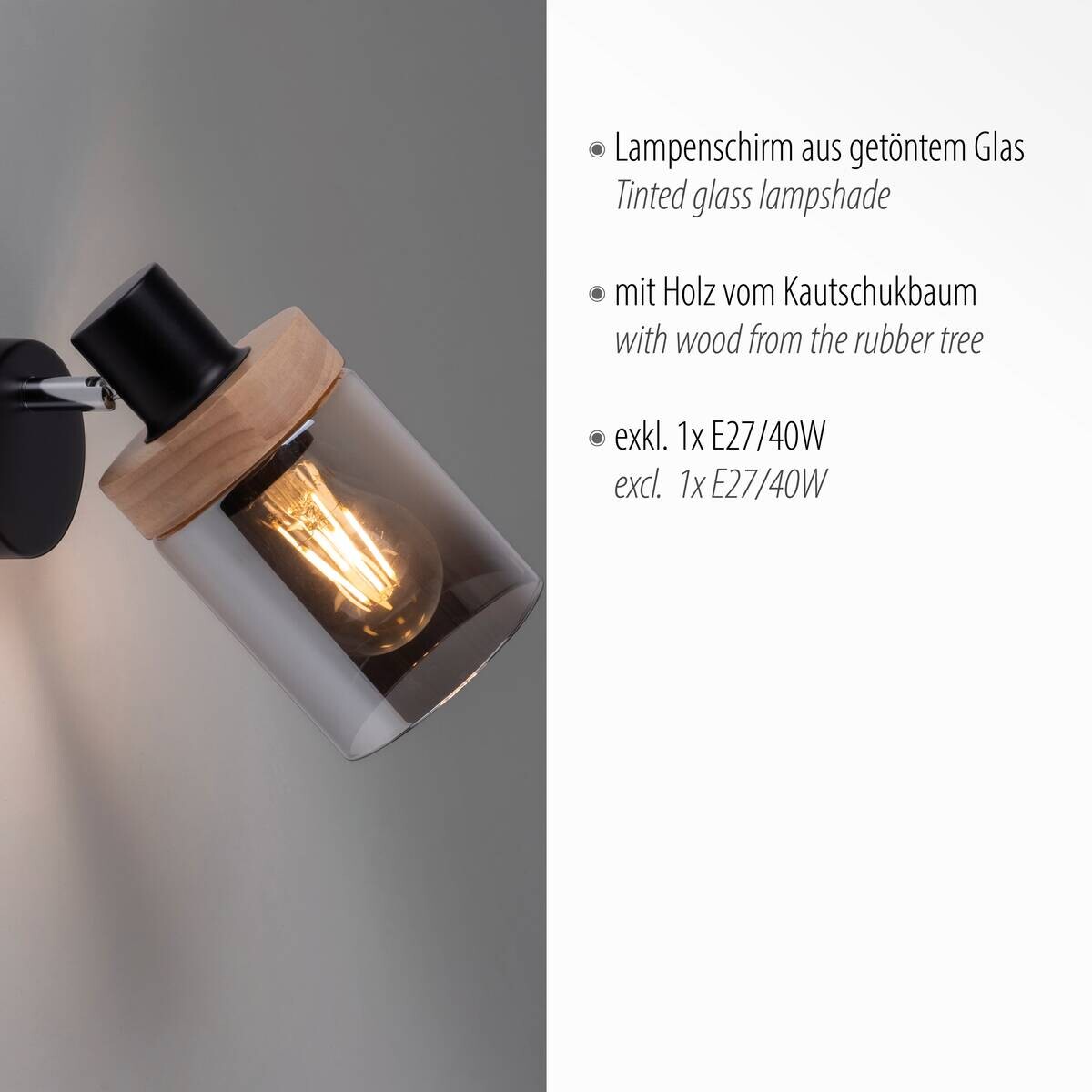 Just Light Spot Pasqual schwarz Rauch Metall Glas B/H/L: ca. 19x18x21 cm E27 1 Brennstellen