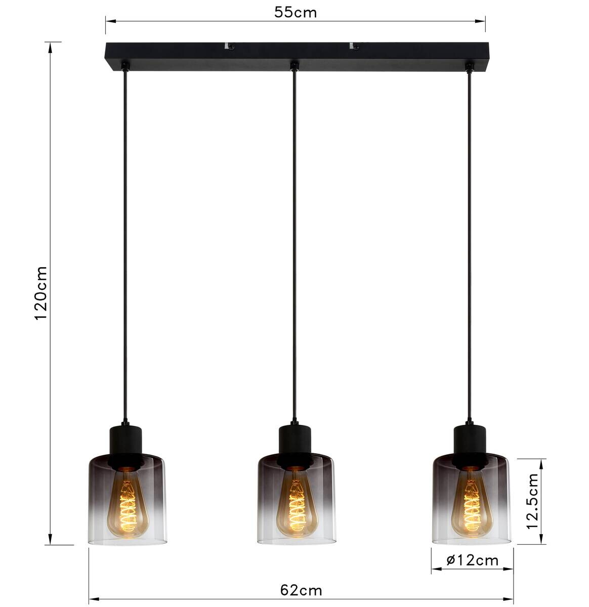 POCOline Pendelleuchte Nera schwarz Rauch Metall Rauchglas B/H/T: ca. 62x120x10 cm E27 3 Brennstellen