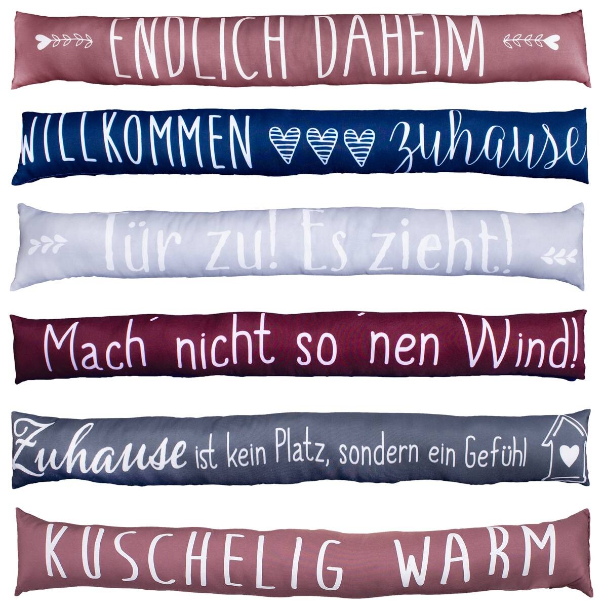 Zugluftstopper sortiert Bezug: 100% Polyester Füllung: 55% Polyester, 45% Sand B/L: ca. 12x95 cm