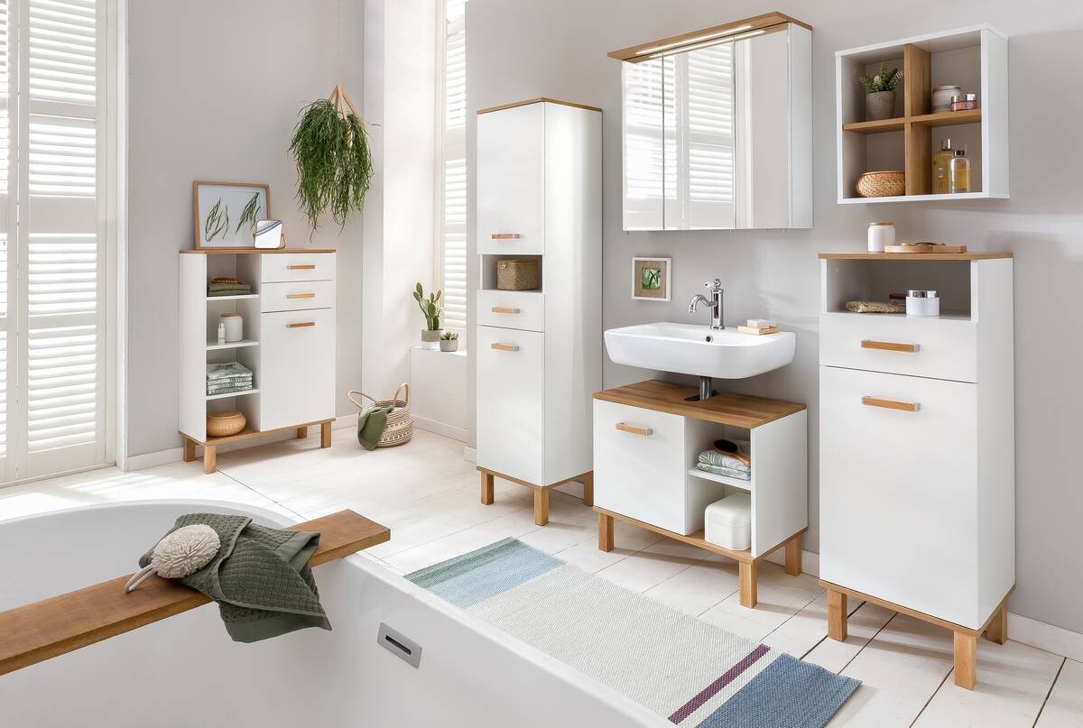 Waschbeckenunterschrank Padua weiß glanz Eiche Landhaus Nachbildung B/H/T: ca. 65,2x60,1x35 cm