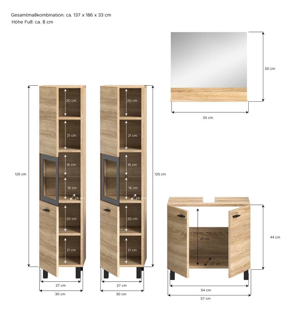 Badezimmer-Set BOSTON Eiche Sonoma Nachbildung schwarz B/H/T: ca. 137x186x33 cm