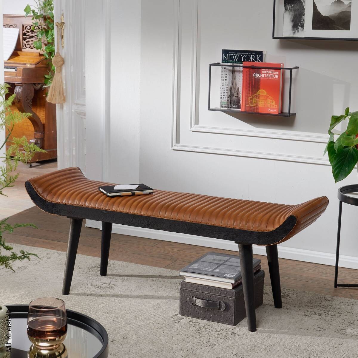 Wohnling Sitzbank braun schwarz Leder Echtholz B/H/T: ca. 125x51x38 cm